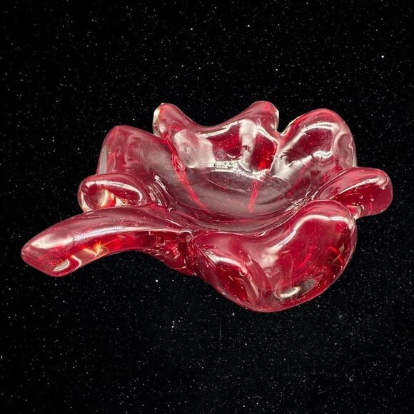 Murano Glass Ruby Red Leaf Shaped Bullicante Bubble Thick Trinket Dish 2”T 7”W - Picture 6 of 12